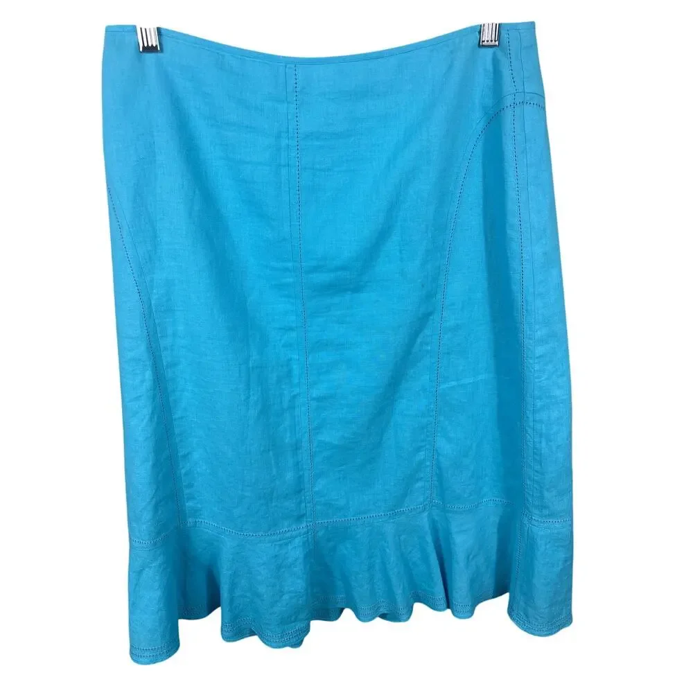 Sag Harbor Linen Blend Skirt Women 12 Blue Excellent‎ Ruffle Hem Midi T63053KH